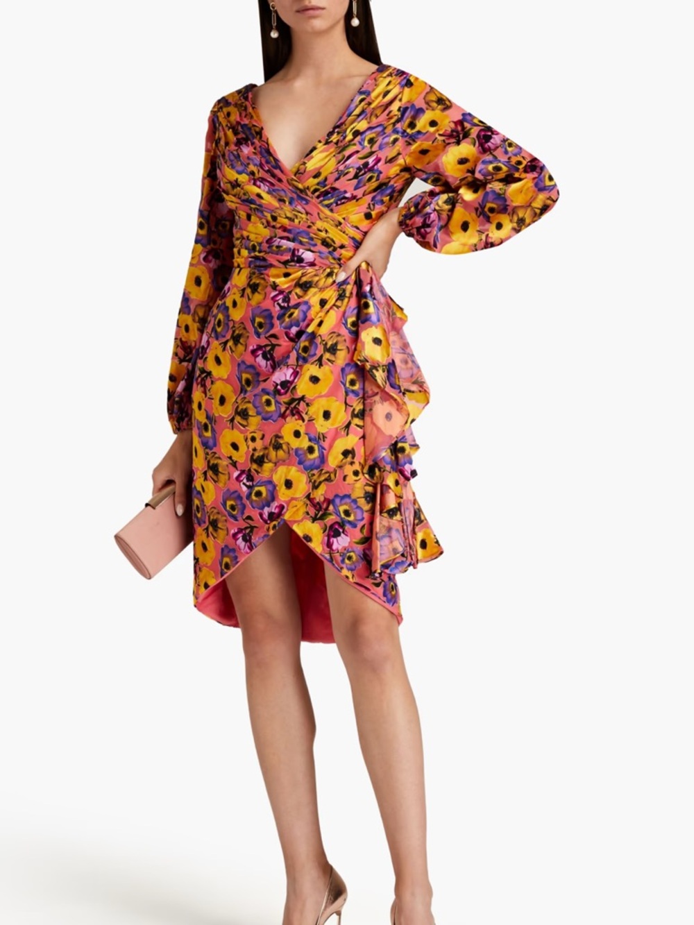 Theia Monika Wrap Effect Floral Print Devore Chiffon Dress NWT